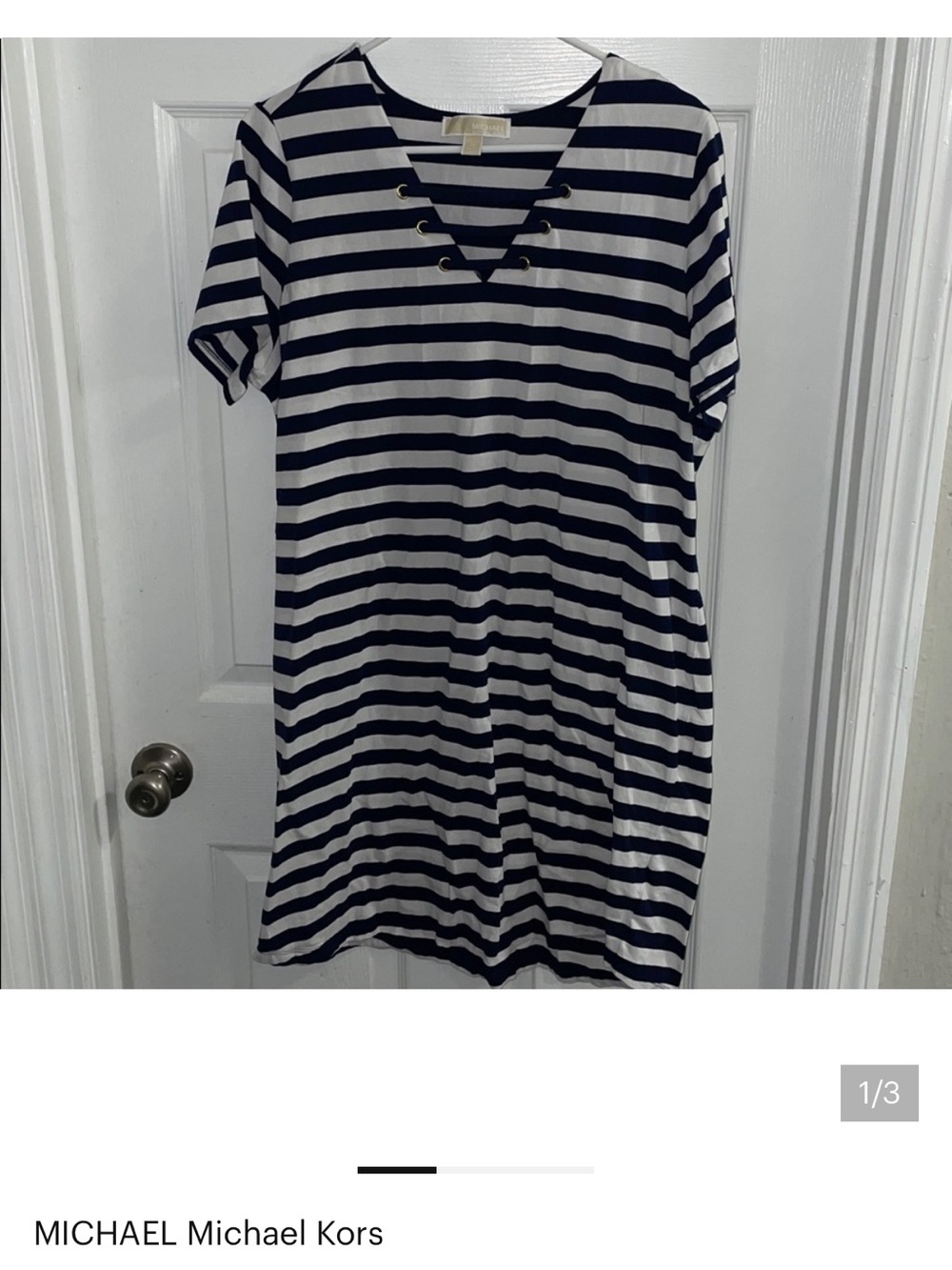 MICHAEL Michael Kors Navy and White Striped V-Neck Lace-Up Dress